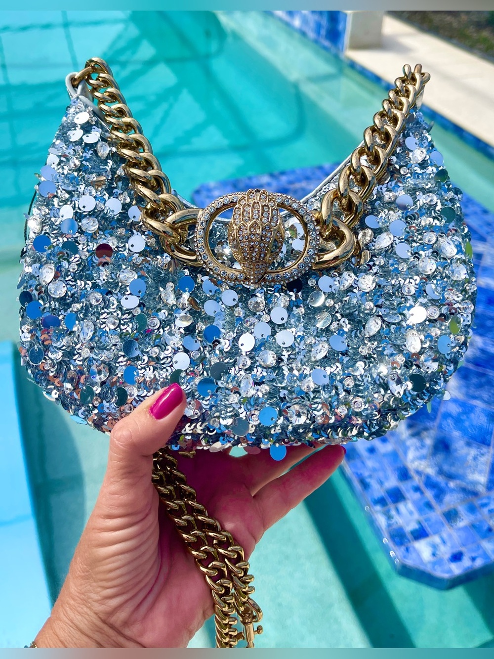 Kurt Geiger RP$358. Silver Sequin/Crystals/Beads Shoulder Bag BoldGold Chain NWT